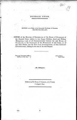 Mr.redington - Dundalk Union Copies of Minutes of Proceedings of the Board of gaurdians of the Dundalk Ubnionrelative to two Pauper Chikdren Sarah and William Montgomery.. -  - KEX0308984