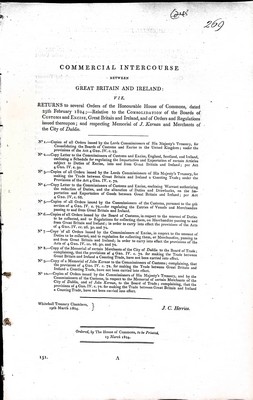  - Commerical Intercourse between Great Britain and IrelandRelative to the Consoladation of the Boards of Custom and Excise Great Britain and Ireland ond of orders and Regulations issued thereupon; and respecting Memorial of J Kernan and Merchants of the Ci -  - KEX0309034