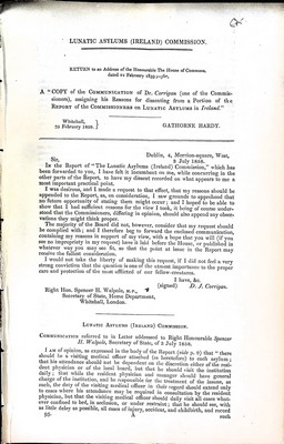John Fitzgearld - Lunatic Asylums ( Ireland ) Commission; The communication of Dr. Corrigan ( one of the Commissioners ) assing his reasons for dissenting from a portion of the Report of the Commissioners on Lunatic Asylums in Ireland -  - KEX0309044