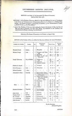 Henry Winston Barron - Incumbered Estates ( Ireland ) Returns of the Number of Estates offerd for sale and withdrawn for want of Purchasers in the Court of Commissionrs of Incumbered Estates in Ireland -  - KEX0309175