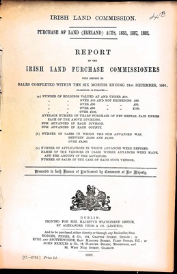  - Report of the Irish Land Purchase Commissioners with respect to the sales completed within the six months ending 31st December 1891... -  - KEX0309216