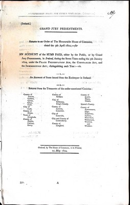  - Grand Jury Presentments An Account of the Sums paid either by the Public or by Grand Jury Presentments in Irelandduring the Seven years ended the 5th January 1824 under the Peace Preservation Act, the Constables Act and the Insurrection Act. -  - KEX0309409