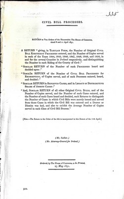 Mr. Sadlier - Civil Bill Processes 1844-1850 Ireland: The Number of original Civil Bill Ejectment Processes entered and the Number of Copies served in each of the Number of copies served in each of the Years 1844,1845,1846,1847,1848,1849 and 1850.in and for the severa -  - KEX0309414