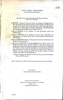 Mr Sadlier - Civil Bill Processes : A Return giving in tabular form the Number of Original Civil Bill EjectmentProcesses entered and the Number of copies served in each of the Years1844,1845,1846,1847,1848,1849, and 1850 respectively -  - KEX0309415