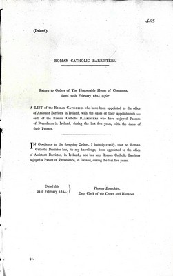  - Roman Catholic Barristers : A List of the Roman catholics who have been appointed to the Officeof Assistant Barrister in Ireland -  - KEX0309416