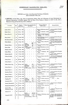 Mr.Maccarthney - Stipendiary Magistrates ( Ireland). Name date age ,Date of Appointment ,Sakary, Fees,and Allowences of every Stipendiary of Resident Magistrate in Ireland -  - KEX0309417