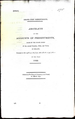  - Abstracts of the Accounts of Presentmwnts made by the Grand Juries of tyhe several Counties Cities and Towns in Ireland in the year 1830. -  - KEX0309432