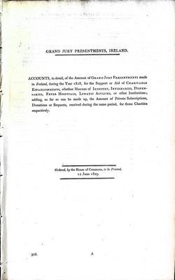  - Grand Jury Presentments Ireland : Accounts in detail of the Amount of Grand Jury Presentments made in Ireland during the Year 1828for the support or Aid of Charitable Establishments wheather Houses of Industry, Infirmaries,Dispensaries fever Hospitals, L -  - KEX0309450