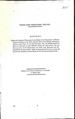  - Return of the Amount of Balancesin the Hands of the Treasurersof Grand Juries of Ireland for the last ten years; also the Delfacalyion of the Treasurers the Sums lost, Recoveredand Represented in the same Period; Also the amount of security given by and  -  - KEX0309451