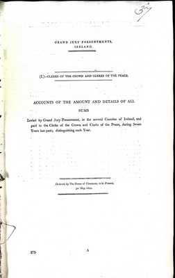  - Grand Jury Presentments , Ireland.(I ) Clerrks of the Crown and Clerks of the Peace ( II ) Defaulting Treasurers ,or Baronial Collectors. Accounts of the Amounts and Details of all sums paid -  - KEX0309453