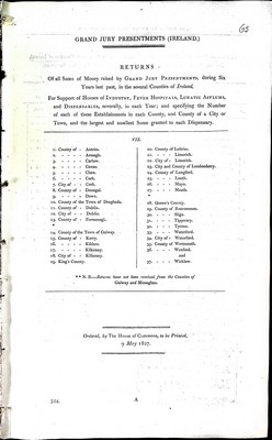  - Returns of All Sums of Money raised by Grand Jury Presentments during six years last passed in the Several Counies of Irelandfor support of Houses of Industry Fever hospitals, Lunatic Asylums and Dispensaries. -  - KEX0309457