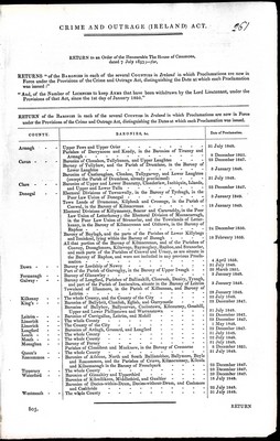 Mr. Butt - Crime and Outrage ( Ireland ) Act :Returns of the Baronies in each of the Several Counties in Ireland in which the Procl;amations are now in force under the Provisions of The Crime and Outrage Act -  - KEX0309464