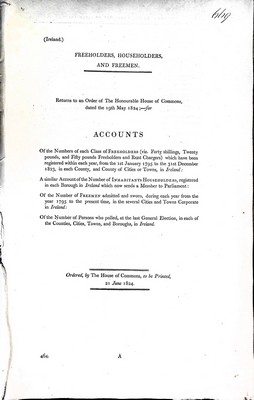  - Freeholders, Householders, and Freeman. Accounts of the number of each class of Freeholders ( viz. Forty Shillings,Twenty Pounds and Fifty Pound Freeholders and Rent Chargers ) which have been registered within each year from 1st January 1795 to 31st of  -  - KEX0309484