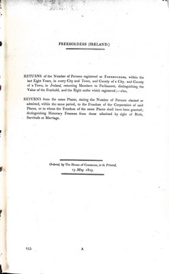  - Freeholders ( Ireland ) Returns of the Number of Persons registered as Freeholders within the last Eight Years in Every City and Town and County of a City and County of a Town in Ireland .......... -  - KEX0309486