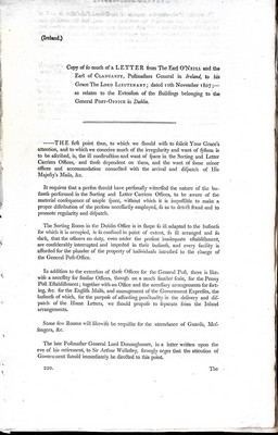  - Irish Postal History: Copy of a Letter from the Earl O'Neill and The Earl of Clancarty ,Postmasters General in Irelandto his Grace the Lord Lieutenant; dated 10th November 1807 as relates to the extension of the Buildings belonging to the General Post Of -  - KEX0309489