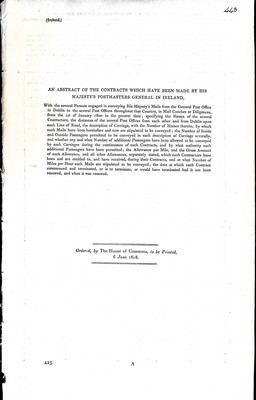  - An Abstract of the Contracts which have been made by his Majesty's Postmasters  General in Ireland: With the Several Persons engaged in Conveying His Majestys mail from the General Post Office in Dublin to the Several Post Offices throughout that Country -  - KEX0309490