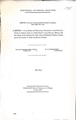 Mr. Butt - Electoral Divisions ( Ireland ); A Return of the Names of all ElectoralDivisions in each Poor Law Union in Ireland which are locally situatein more than on Baronywith the Names of the Baronies into which such Electoral Division extends and the Counry to  -  - KEX0309495