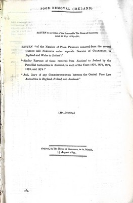 Mr. Downing - Poor Removal ( Ireland ): The Number of Poor Persons removed from the several Unions and Parishesunder seperate Boards of Gaurdians in England and Wales to Ireland -  - KEX0309514