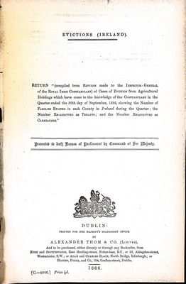  - Evictions ( Ireland ) Return of cases of Evictionsfrom Agricultural Holdings which have come to the Knowledge of the Constabulary in the quarter ended the 30th day of September 1886 -  - KEX0309521