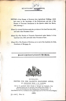  - Evictions ( Ireland ) Return of the number of Evictions from Agricultural Holdings which have come to the Knowledge of the constabulary in the Quarter ended 31st march 1897 -  - KEX0309522