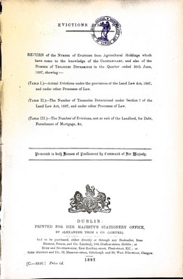  - Evictions ( Ireland ): The Number of Evictions from Agricultural Holdingswhich hvee to the knowledge of the Constabularyin the quarter ended 30th Jube 1897 -  - KEX0309523