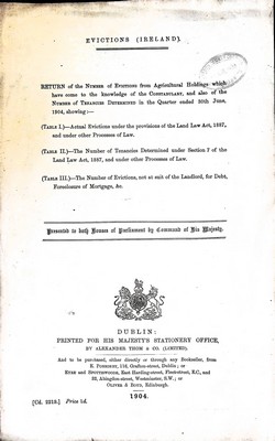  - Evictions ( Ireland ): The Number of Evictions from Agricultural Holdings which has come to the knowledge of the Constabularyin the quarter ended 30th June 1904 -  - KEX0309529