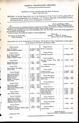  - Clerical Magistrates ( Ireland )Return of all the Clergymen now in the Commission of the Peace in Irelandgiving date ofappointment distinguishing those belonging t the Protestant,the catholic Churchesand the various Congregations of Dissenters. -  - KEX0309542