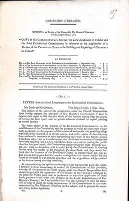 Sir Thomas Fremantle - Churches ( Ireland ) : Correspondence between the Lord Lieutenant of Ireland and the Irish Ecclesiastical Commissioners in referenc to the application of a portion of the perpetuity Fund to the Building and Repairing of Churches -  - KEX0309543