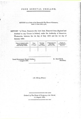 Sir Harvey Bruce - Poor Removal ( Ireland ) : Return of Poor Persons who have been removed from England and Scotlandto any Union in Ireland between the first day of July 1878 and 1st day of January 1880 -  - KEX0309556