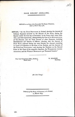 Sir John Young - Poor Relief IrelandReturn for the Four Provinces in Ireland showing the aountof Ordinary expenses incurred in the Relief of the Poorduring the quarter ended 31st of December in the Years 1848,1849 ,1850,1851and 1852 -  - KEX0309563