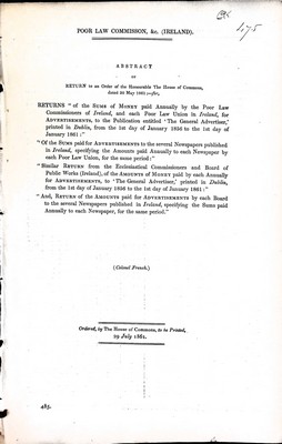 Colonel French - Poor law Commission ( Ireland ) : The Sums of Money paid Annually by the Poor Law Commissioners of Ireland and each Poor Law Union in Ireland for Advertisements to the publication entitled The General Advetiser printed in Dublin from the !st Day of Janua -  - KEX0309565