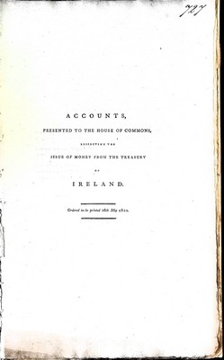  - Accounts Presented to the House of Commons Respecting the Issue of Money from the Treasury of Ireland bound with Accounts relating to trade and Navigation -  - KEX0309587