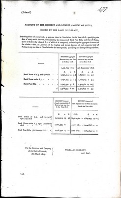 William Donlevy - Account of the Highest and Lowest Amoun tof Notes Issued by the Bank Of Ireland in the Year 1818 -  - KEX0309599