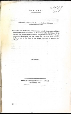 Mr. Kendell - Bastardy ( England ) : Return of the Number of Summonses Issued, Applications Heard,and Orders made or refused in Bastardy from the year 1845 to 1859 in England and Wales -  - KEX0309602