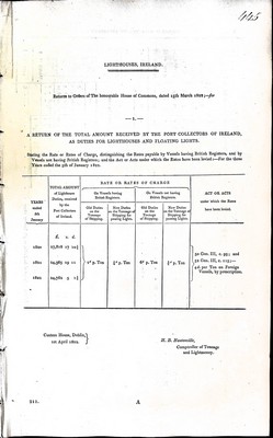  - Lighthouses Ireland: A Return of the total Amount recieved by the Port Collectors of Ireland as duties for Lighthouses and Floating Lights -  - KEX0309604