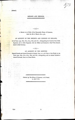  - An Account of the Imports and Exports of Ireland in the years 1792,1800,1810,1815,1820 and 1821distinguished by Country. -  - KEX0309605