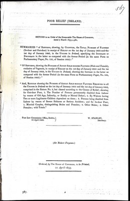 Sir Robert Ferguson - Poor Relief ( Ireland ):Returns showing by Counties the Total number of Paupers ( In-door and Out-door ) in receipt of Relief on the first day of january 1852 -  - KEX0309607