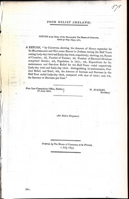  - Pooor Relief ( Ireland ) Expenditure on the Relief of the Poor in each Union in Irelandfor the year ended 29th September 1852 and the toitl number of Persons relieved in and out of the Workhouse in each Union during the same period -  - KEX0309608