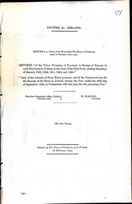 Sir John Young - Paupers &c.Ireland Returns of the total number of Paupers in receipt of Relief in each Province in Ireland in the first week of January 1849,1850,1851,1852 and 1853. -  - KEX0309610