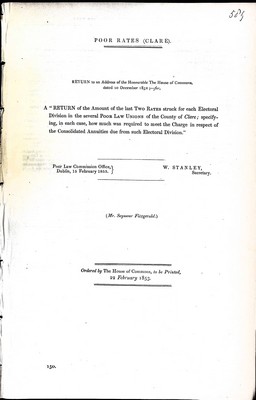 Mr. Seymour Fitzgearld - Poor Rates ( Clare ) : The  Amount of the Last Two rates struck for each ElectoralDivision in the Several Poor Law Unions in the County of Clare -  - KEX0309612