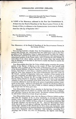 Copy Of The Memorial Addressed To The Poor Law Commissioners In Ireland From The Board Oif Gaurdians Of The Ballyvaughan Union In The County - Consolidated Annuities ( Ireland ) -  - KEX0309613