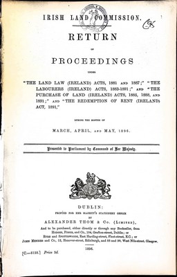  - Irish Land Commission.Return of ProceedingsDuring the Months of March, April and May, june and July 1896 -  - KEX0309642