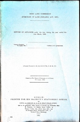  - Irish Land Commission Purchase of Land Ireland Act 1891.Return of advances made under the act during the Year ended 31st March 1905 -  - KEX0309648