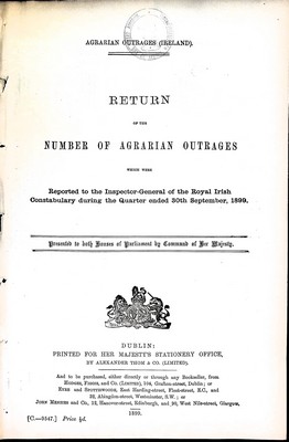  - Agrarian Outrages ( Ireland) Return of the Number of Agrarian Outrages during the quarter ended 30th September 1899 -  - KEX0309654