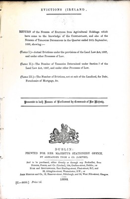  - Return of the Number of Evictions from Agricultural Holdings in the Quarter ended 30th September 1898 -  - KEX0309655