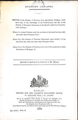  - Evctions ( Ireland ): Return of the number of Evictions from Agricultural Holdingsin the Quarter ended 31st Drcember 1898. -  - KEX0309656