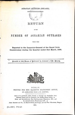  - Return of the Number of Agrarian  Outrages reported to the Rooyal Irish Constabulary during the Quarter ended 31st march 1899 -  - KEX0309660