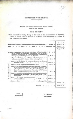  - Convention with France: The Amount which remianed in Sterling Money in the Hands of the Commissioners for liquidating Claims on France. bound with A Return for Claims on France -  - KEX0309693