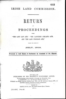  - Irish Land Commission: Return ofProceedingsDuring the Month of July 1910 -  - KEX0309731