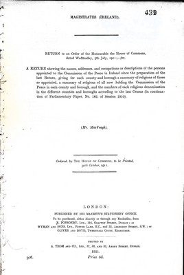 Mr. Macveagh - Magistrates ( Ireland ): A Return showing  the Names addresses and occupationsor descriptions of the Personsappointed to the Commission of the Peace in Ireland -  - KEX0309733